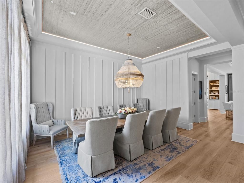Dining room, Interior, Pendant Lights, Wood Texture Flooring