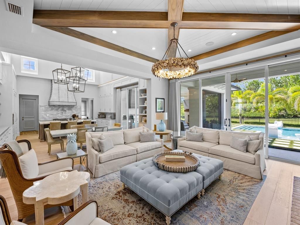 Chandelier, Dining room, Interior, Kitchen, Living room, Pendant Lights, Recessed Lighting, Wooden Beams, Wood Texture Flooring