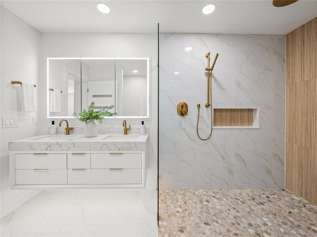 Bathroom, Dual Sink Vanities, Glass Shower, Interior, Marble Walls, Recessed Lighting