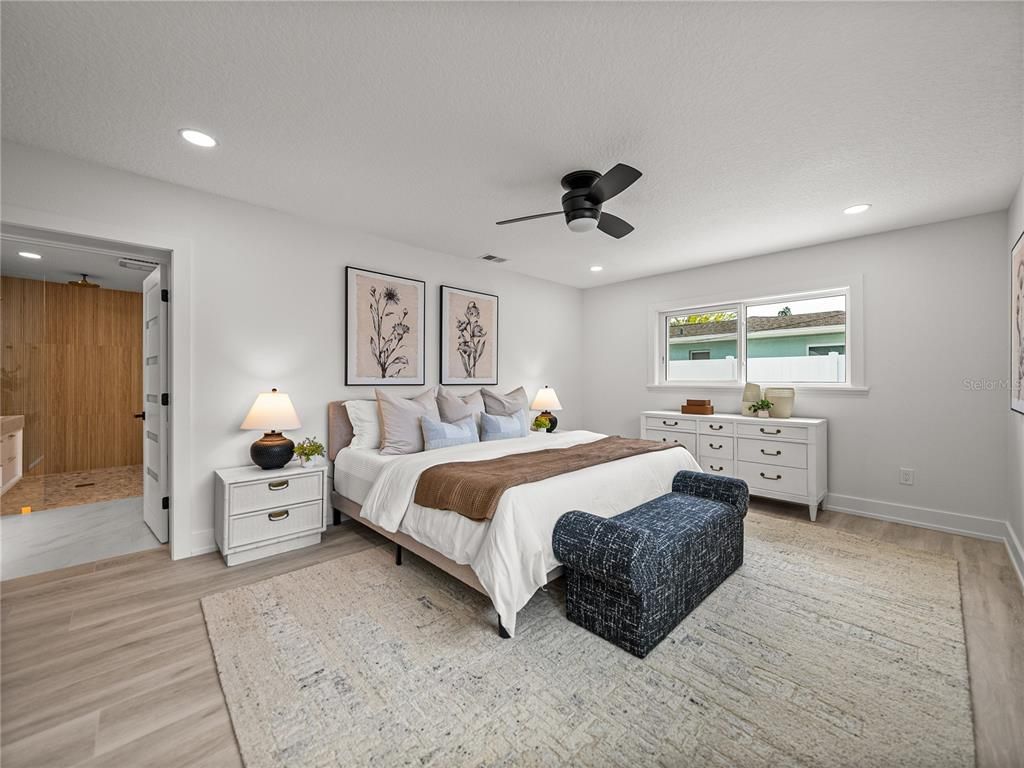 Bedroom, Interior, Recessed Lighting, Wood Texture Flooring