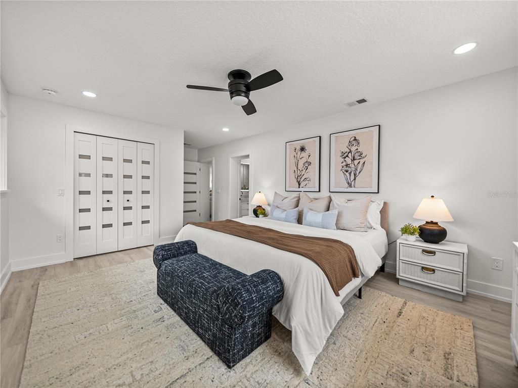 Bedroom, Interior, Recessed Lighting, Wood Texture Flooring