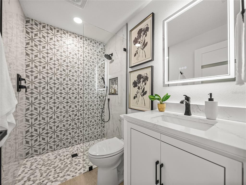 Bathroom, Interior, Recessed Lighting, Wood Texture Flooring
