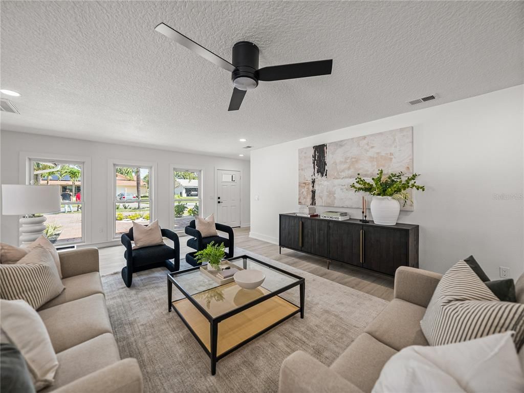 Interior, Living room, Recessed Lighting, Wood Texture Flooring