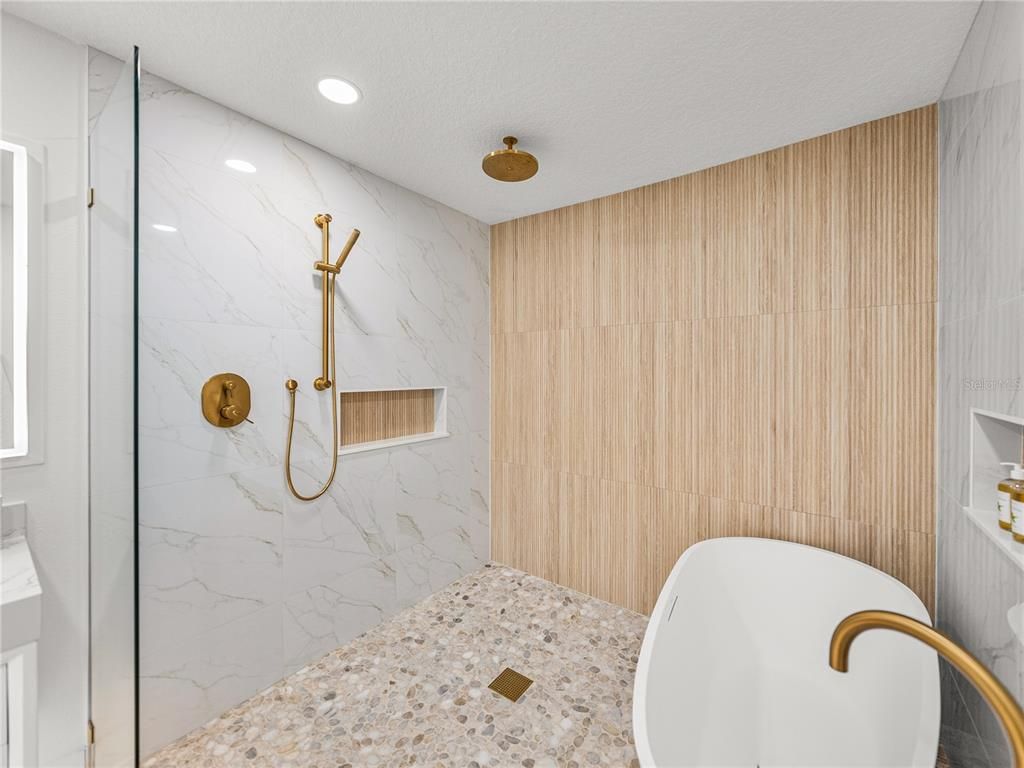 Bathroom, Free Standing Baths, Interior, Marble Walls, Recessed Lighting
