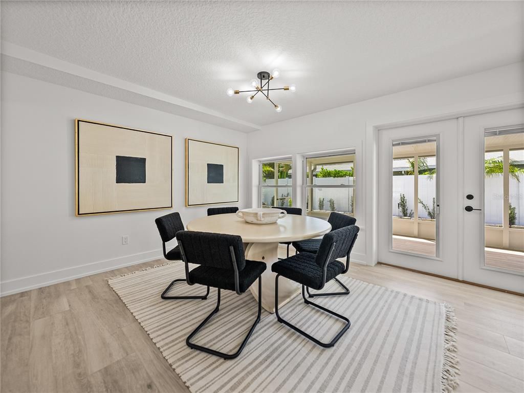 Dining room, Interior, Pendant Lights, Wood Texture Flooring