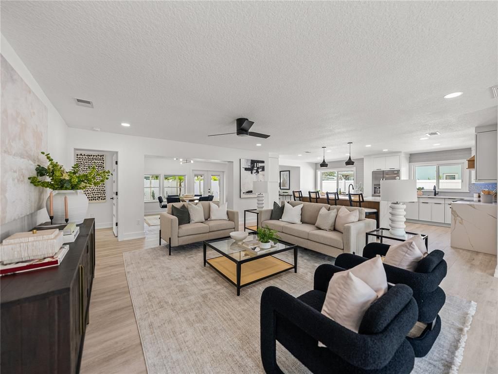 Interior, Kitchen, Living room, Pendant Lights, Recessed Lighting, Stainless Steel Appliances, Wood Texture Flooring