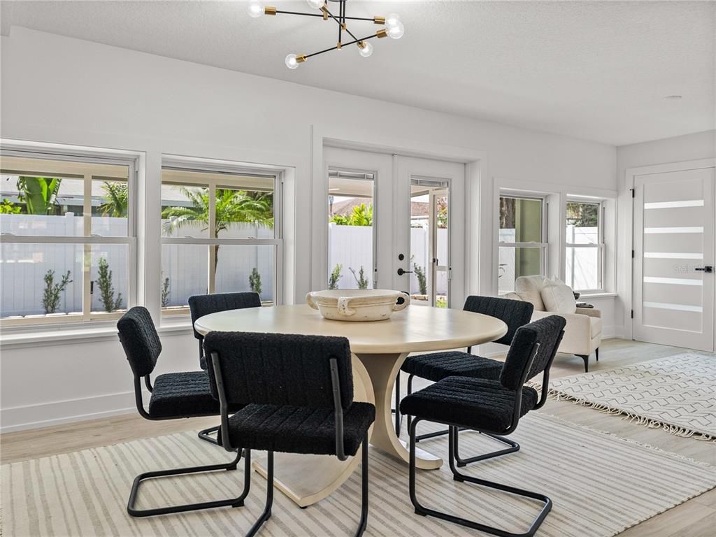 Dining room, Interior, Pendant Lights, Wood Texture Flooring
