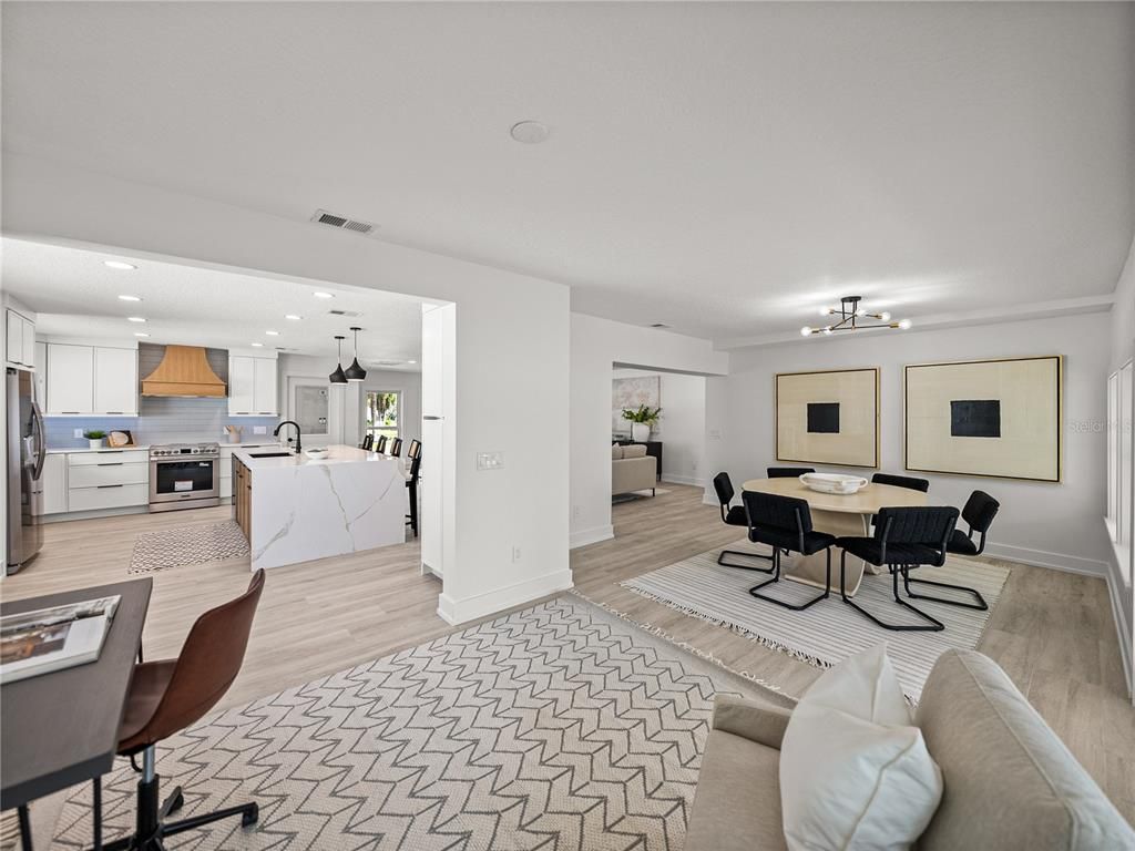 Dining room, Interior, Kitchen, Living room, Pendant Lights, Recessed Lighting, Stainless Steel Appliances, Wood Texture Flooring