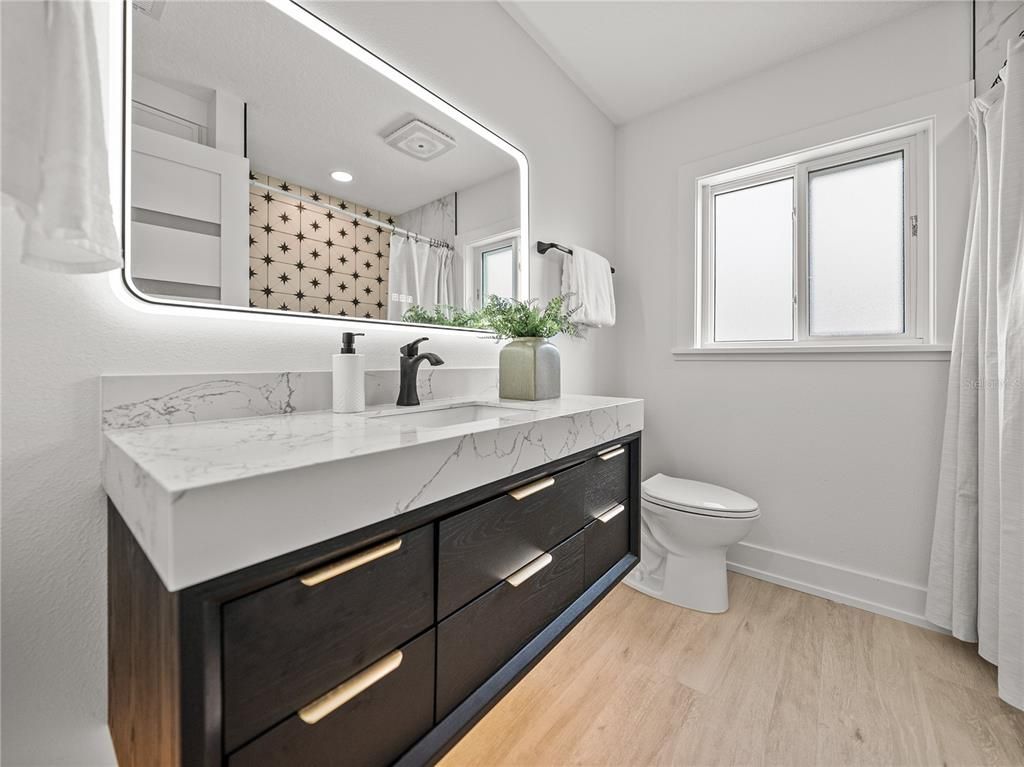 Bathroom, Interior, Recessed Lighting, Wood Texture Flooring