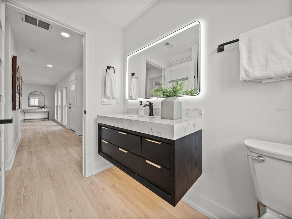 Bathroom, Interior, Recessed Lighting, Wood Texture Flooring