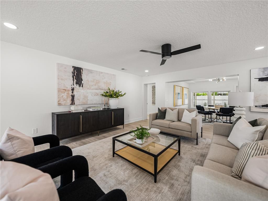 Dining room, Interior, Living room, Recessed Lighting, Wood Texture Flooring