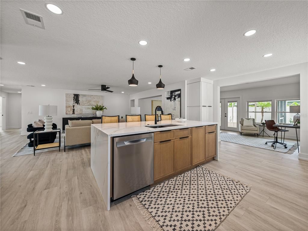 Interior, Kitchen, Living room, Pendant Lights, Recessed Lighting, Wood Texture Flooring