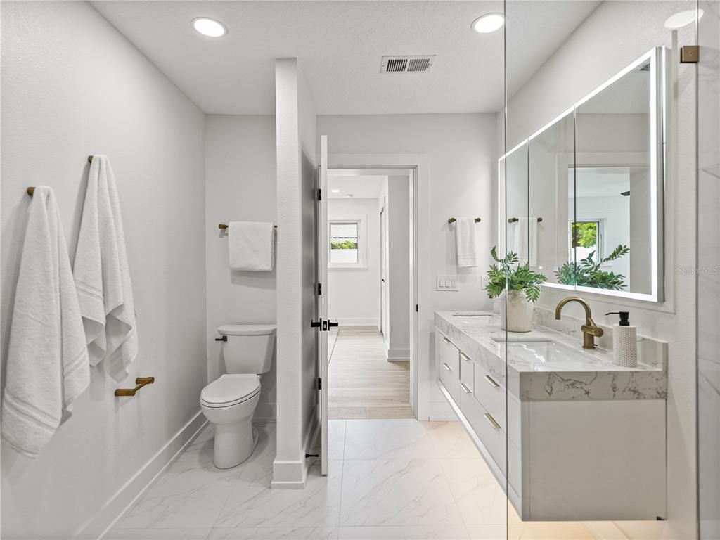 Bathroom, Dual Sink Vanities, Interior, Marble, Recessed Lighting