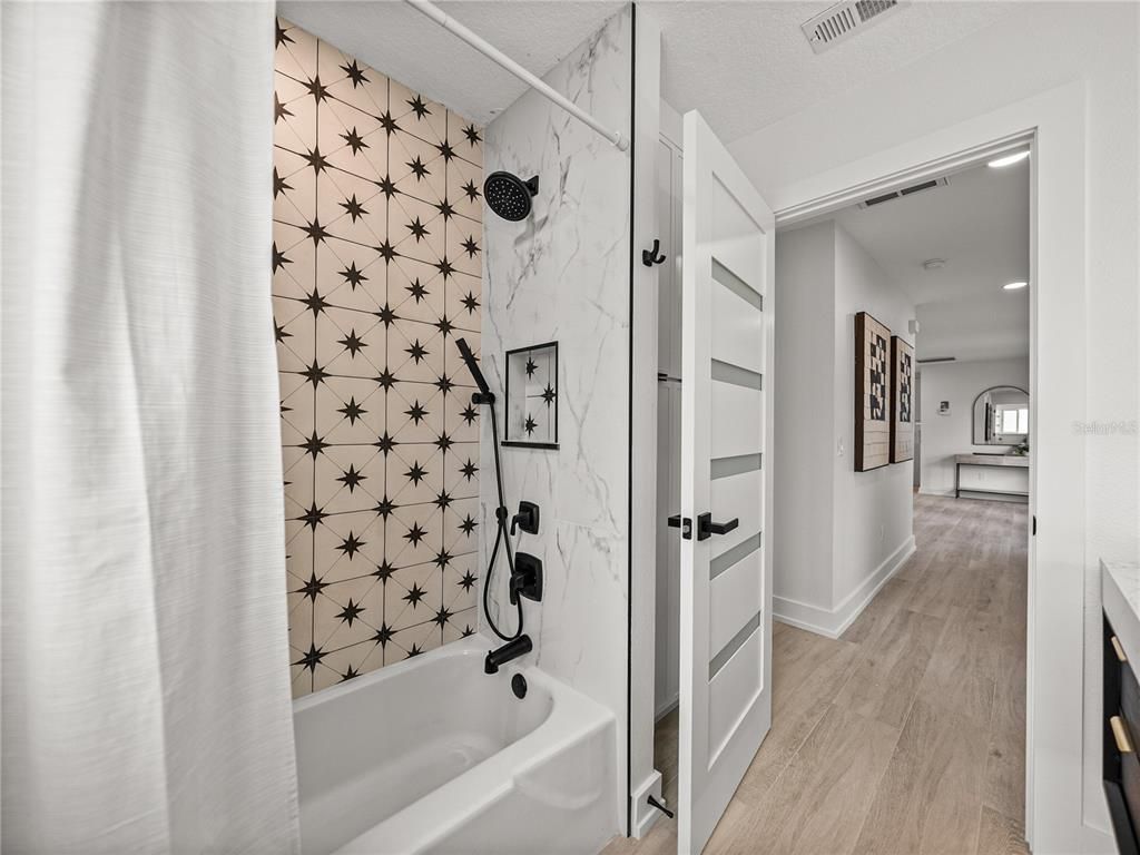 Bathroom, Interior, Marble Walls, Recessed Lighting, Wood Texture Flooring