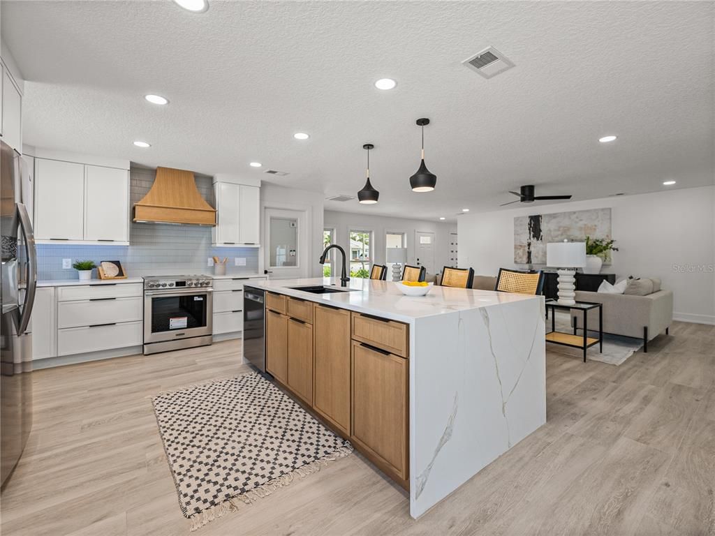 Interior, Kitchen, Living room, Pendant Lights, Recessed Lighting, Stainless Steel Appliances, Wood Texture Flooring