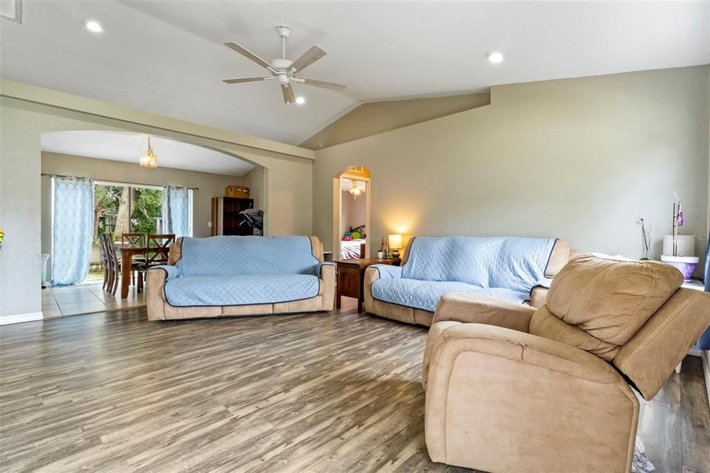 Bedroom, Dining room, Interior, Living room, Recessed Lighting, Wood Texture Flooring