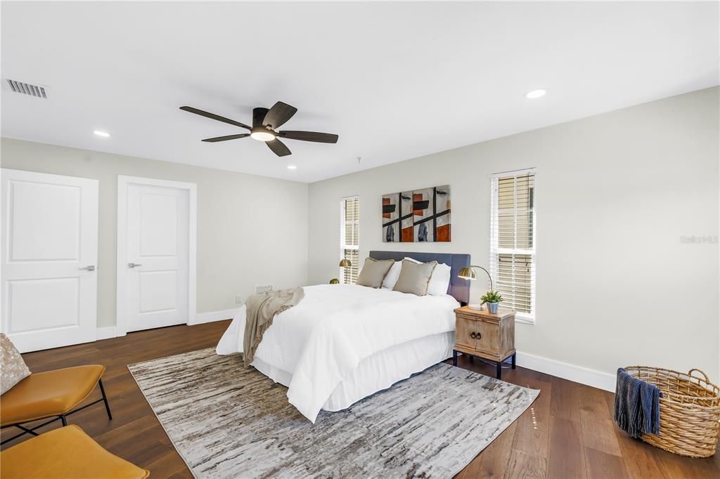 Bedroom, Interior, Recessed Lighting, Wood Texture Flooring