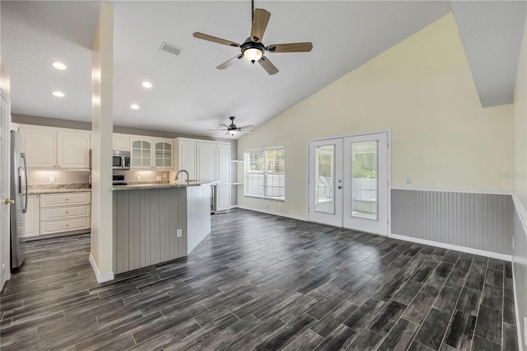 Empty room, Interior, Kitchen, Recessed Lighting, Wood Texture Flooring