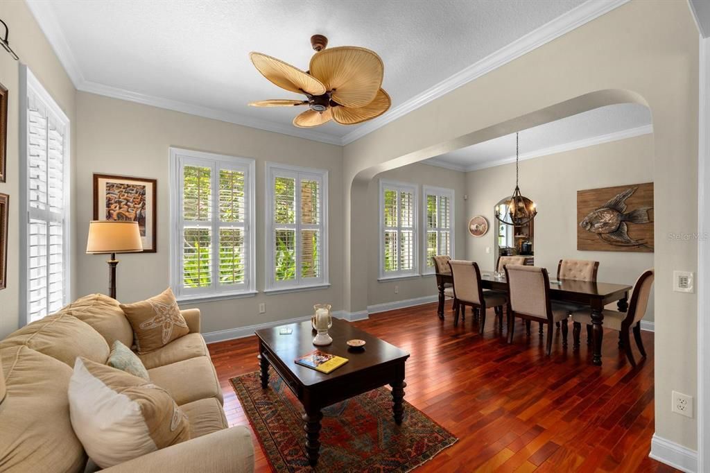 Dining room, Interior, Living room, Pendant Lights, Wood Texture Flooring