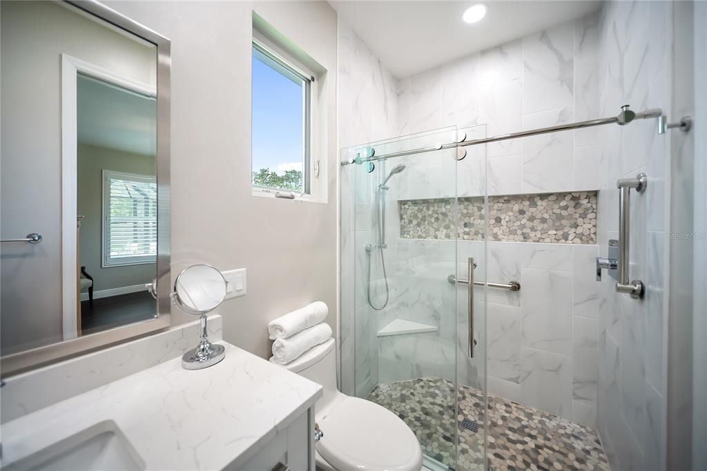 Bathroom, Glass Shower, Interior, Marble Walls, Recessed Lighting