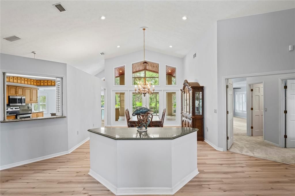 Dining room, Interior, Kitchen, Pendant Lights, Recessed Lighting, Wood Texture Flooring