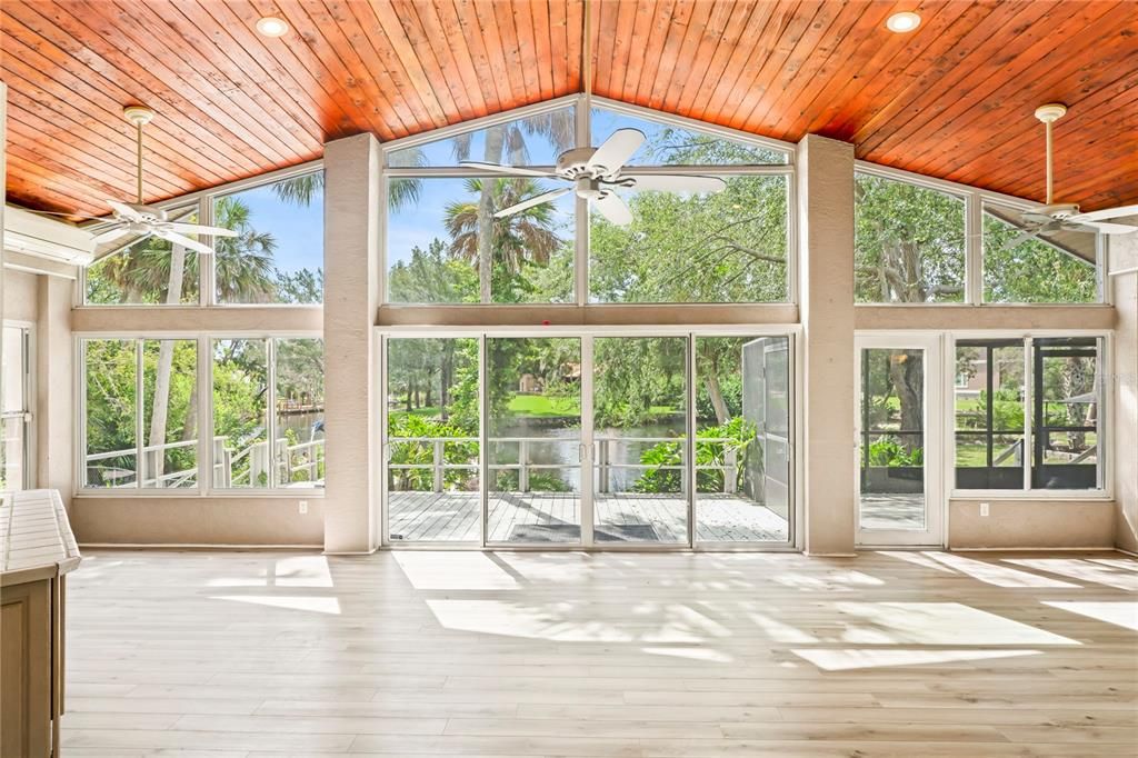 Empty room, Interior, Recessed Lighting, Sun Room, Wooden Ceilings, Wood Texture Flooring