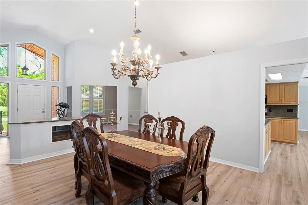 Chandelier, Dining room, Interior, Recessed Lighting, Wood Texture Flooring