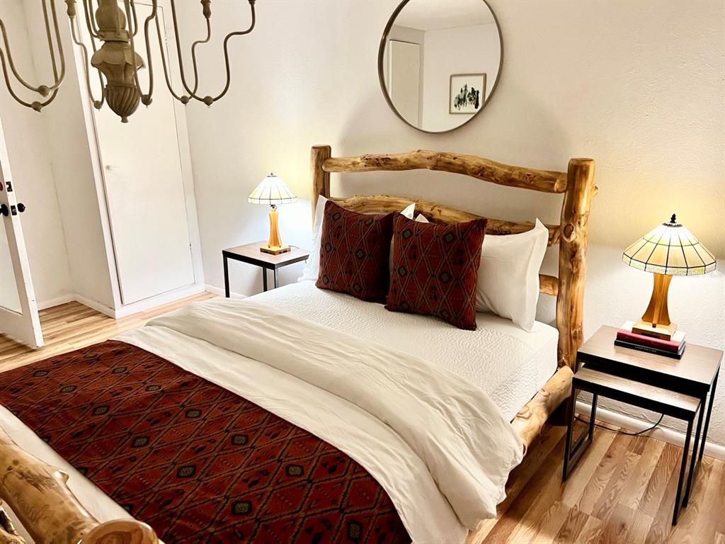 Bedroom, Chandelier, Interior, Wood Texture Flooring