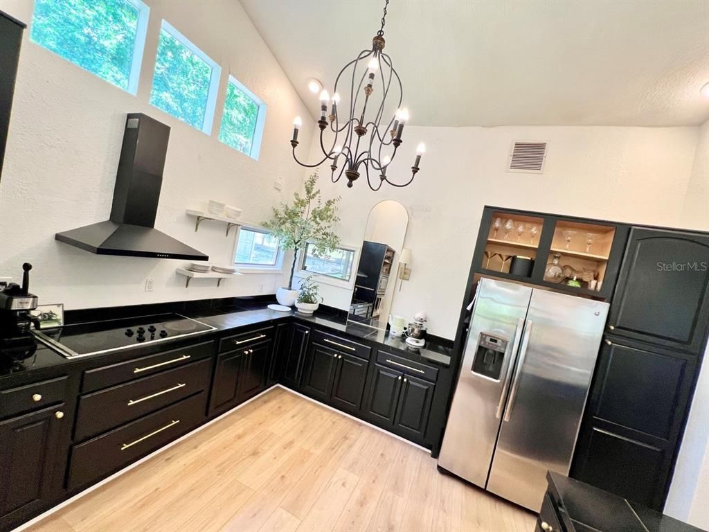 Chandelier, Interior, Kitchen, Pendant Lights, Stainless Steel Appliances, Wood Texture Flooring