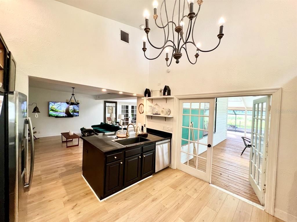 Chandelier, Interior, Kitchen, Recessed Lighting, Wood Texture Flooring