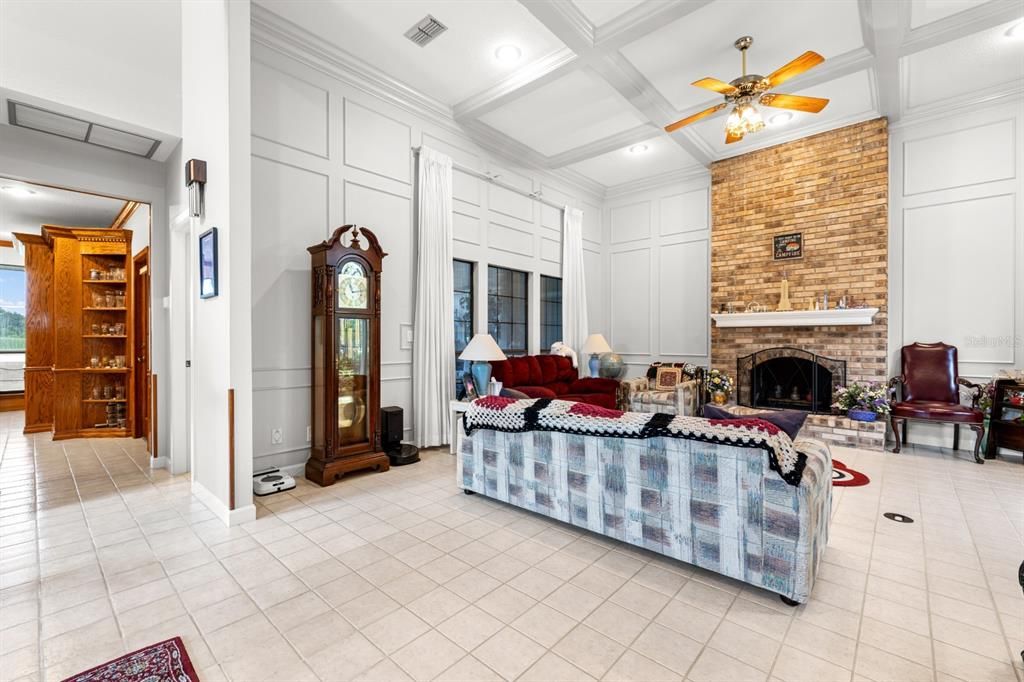 Fireplace, Interior, Living room, Recessed Lighting, Stone Walls