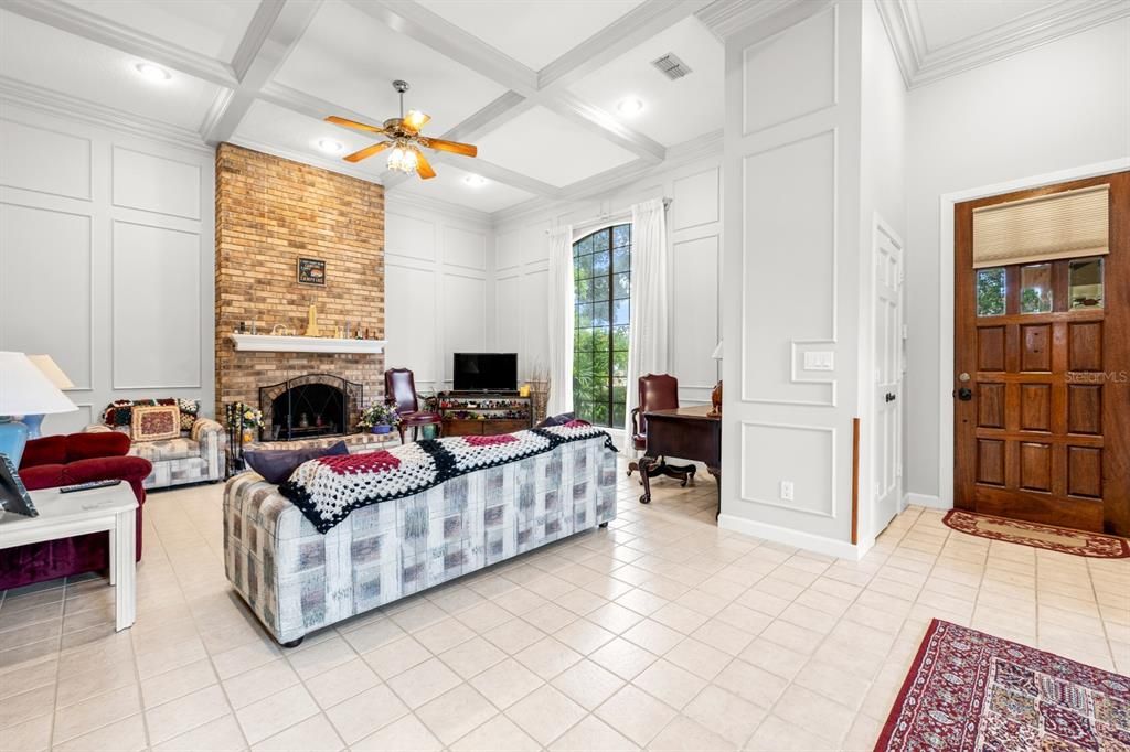 Fireplace, Interior, Living room, Recessed Lighting, Stone Walls