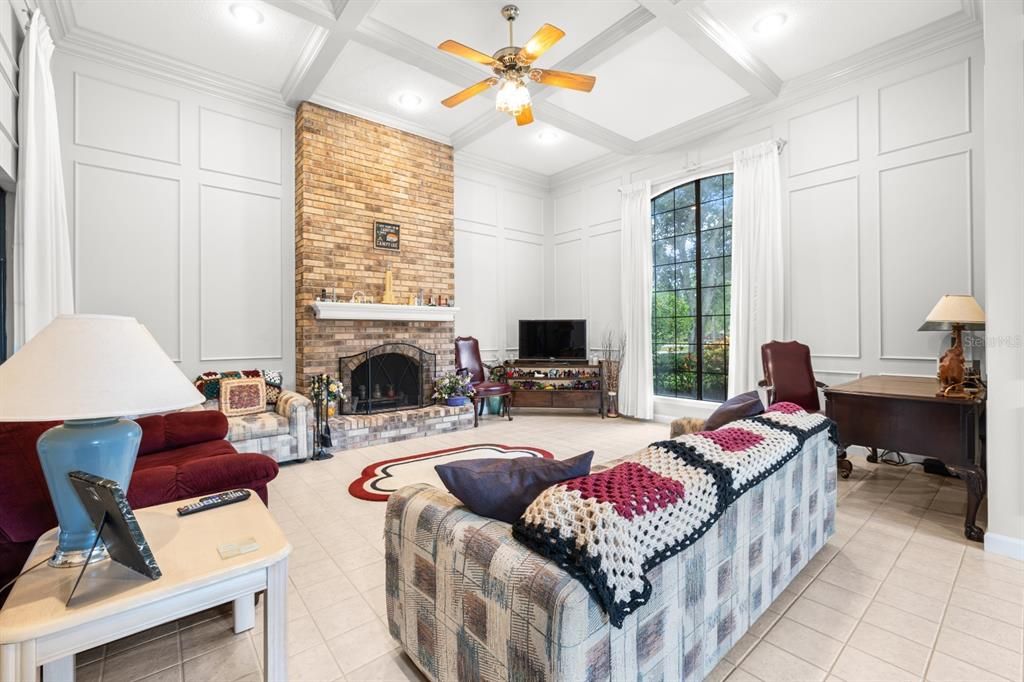 Fireplace, Interior, Living room, Recessed Lighting, Stone Walls