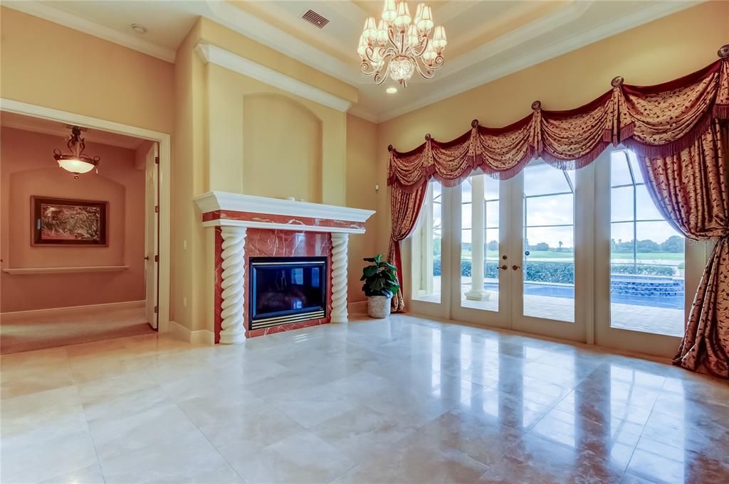 Chandelier, Empty room, Fireplace, Interior