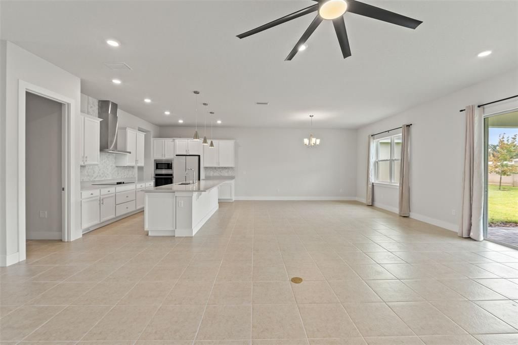 Chandelier, Empty room, Interior, Kitchen, Pendant Lights, Recessed Lighting, Stainless Steel Appliances