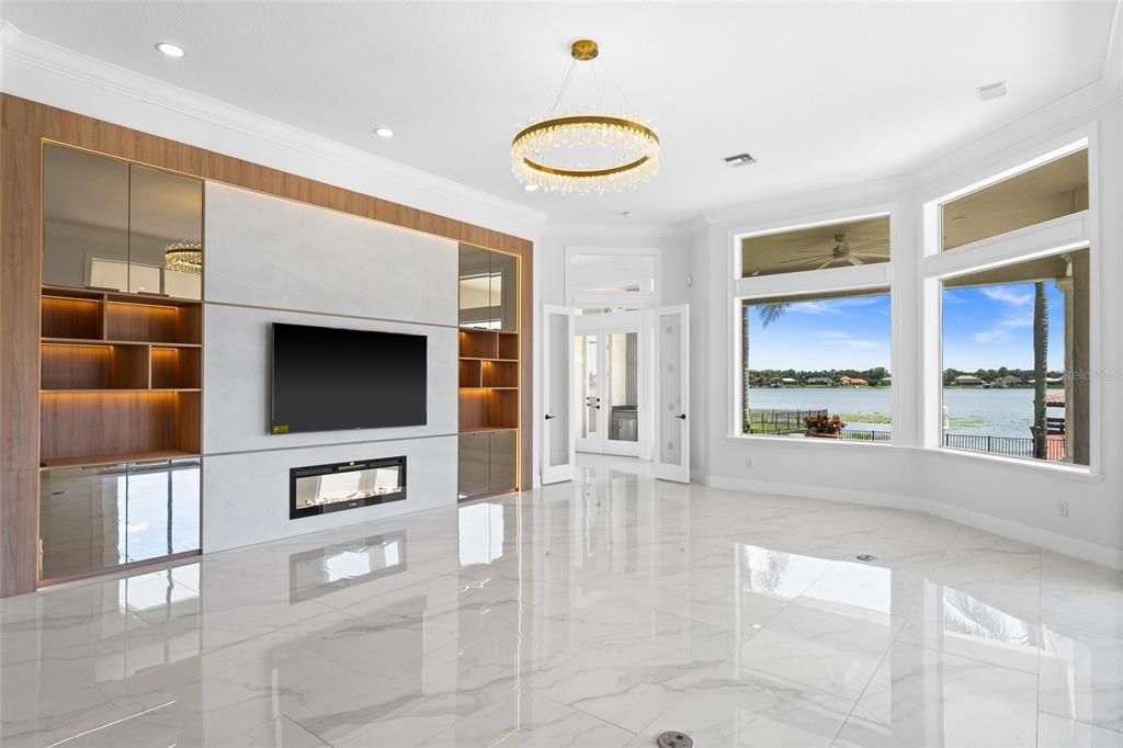 Chandelier, Empty room, Fireplace, Interior, Marble, Recessed Lighting, Water