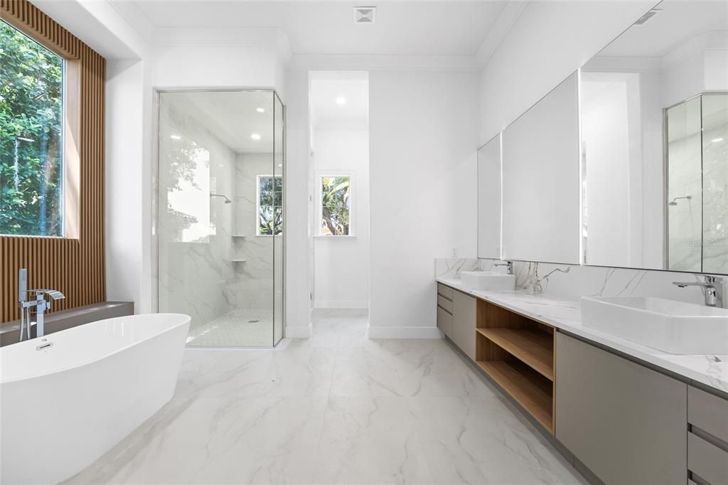 Bathroom, Dual Sink Vanities, Free Standing Baths, Glass Shower, Interior, Marble, Marble Walls, Recessed Lighting