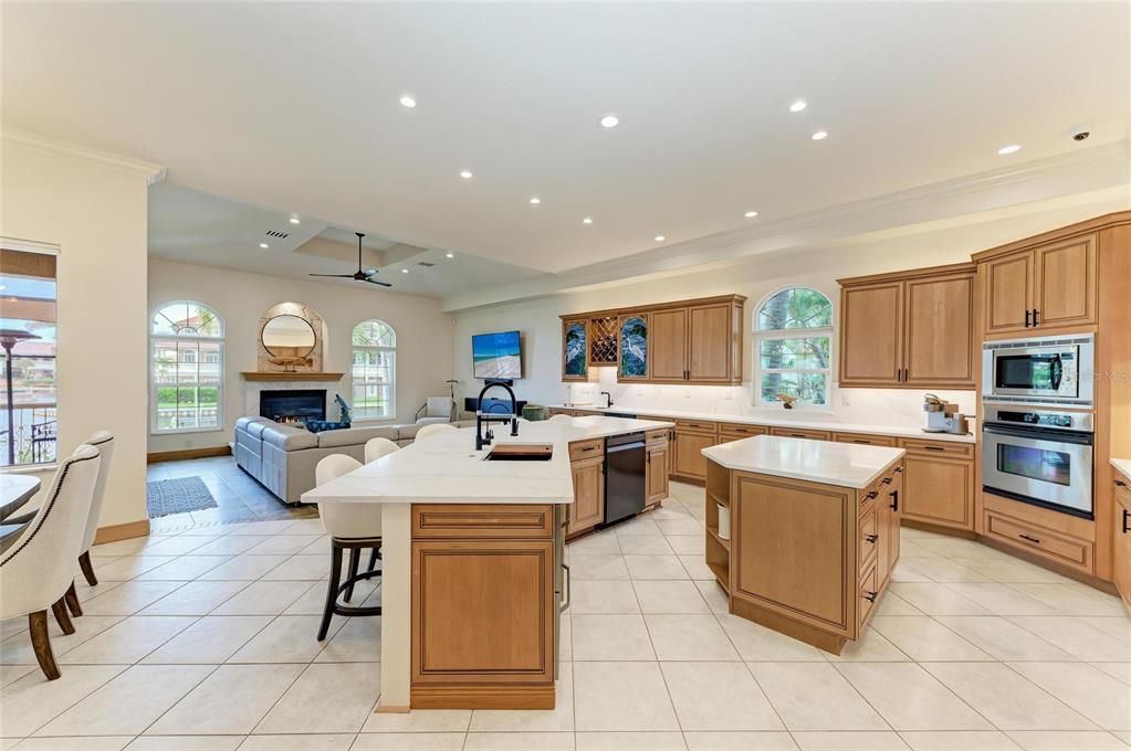 Fireplace, Interior, Kitchen, Living room, Recessed Lighting, Stainless Steel Appliances
