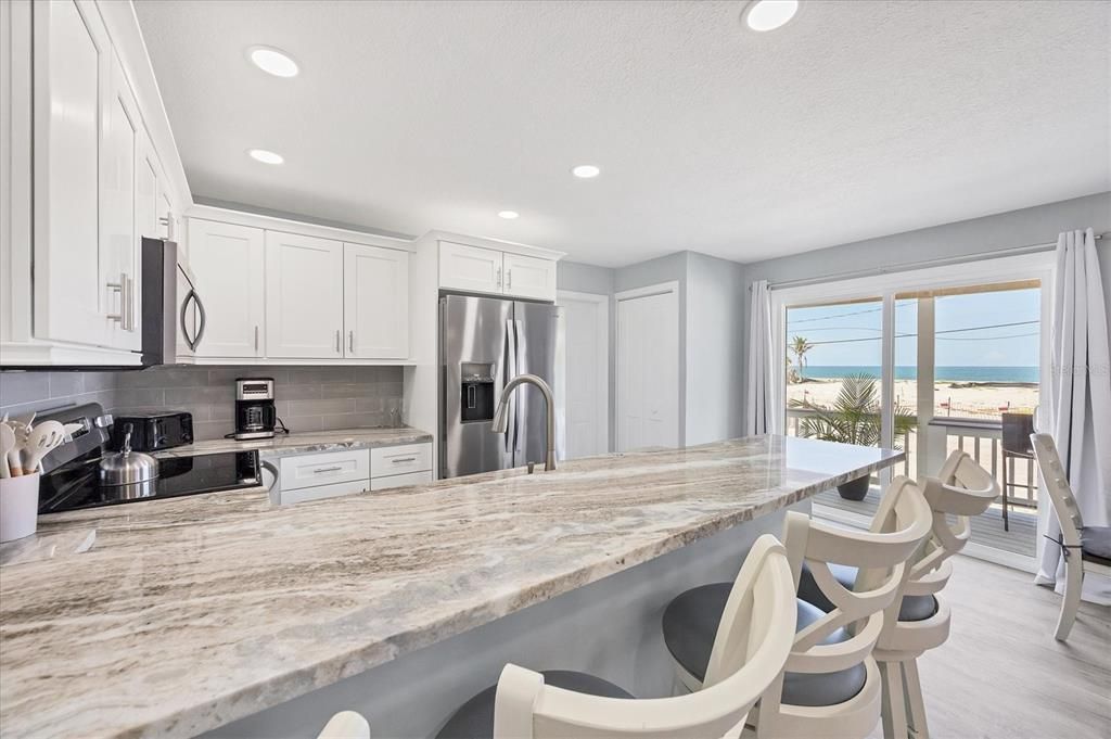 Interior, Kitchen, Recessed Lighting, Stainless Steel Appliances, Water, Wood Texture Flooring