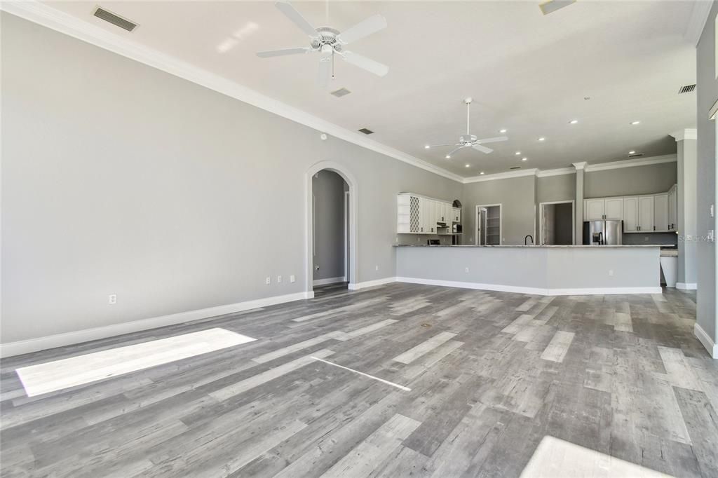 Empty room, Interior, Kitchen, Recessed Lighting, Wood Texture Flooring