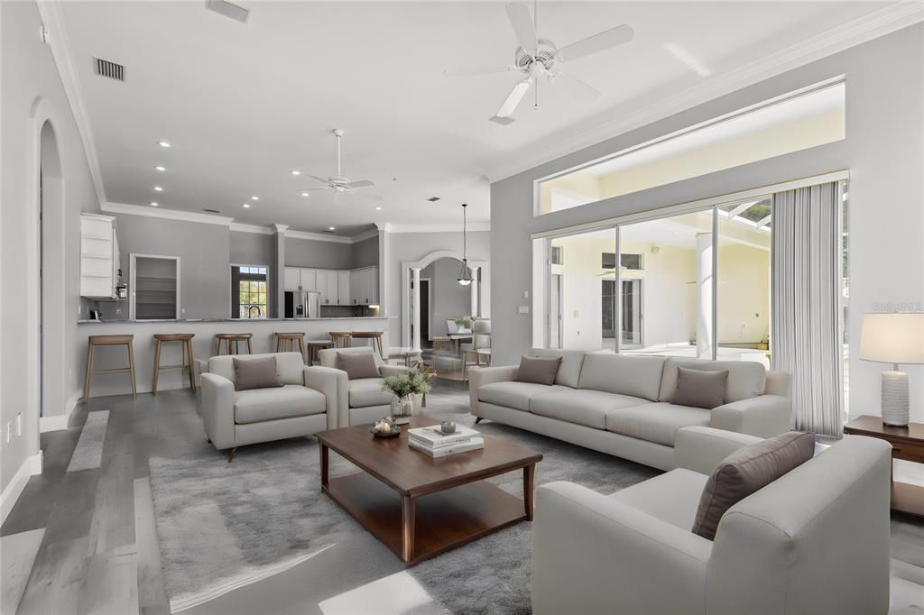 Dining room, Interior, Kitchen, Living room, Pendant Lights, Recessed Lighting, Wood Texture Flooring