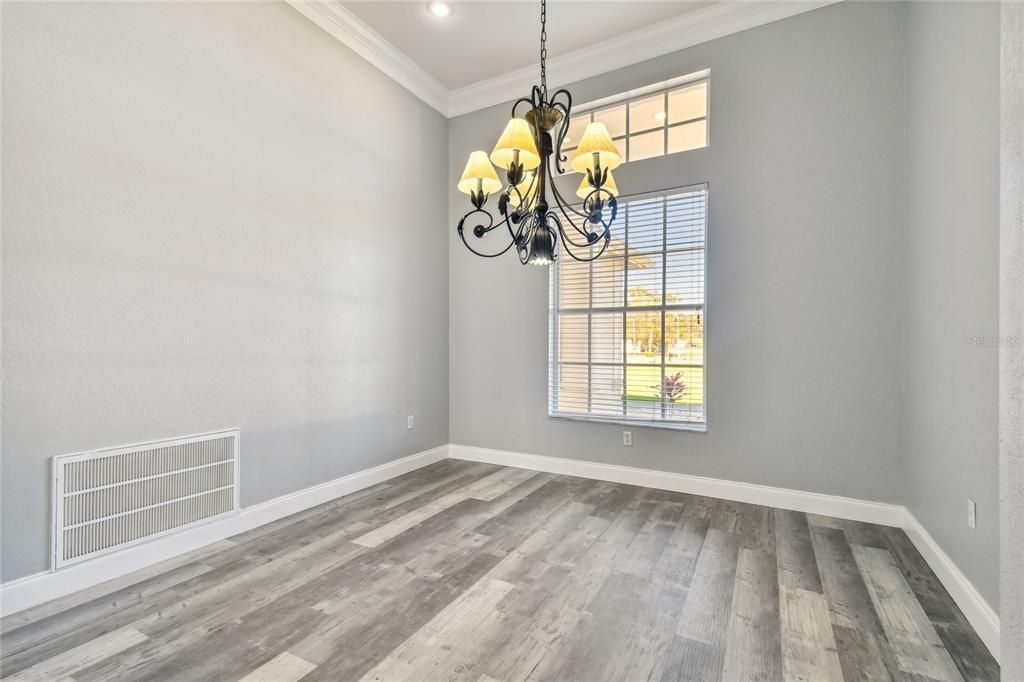 Chandelier, Empty room, Interior, Recessed Lighting, Wood Texture Flooring