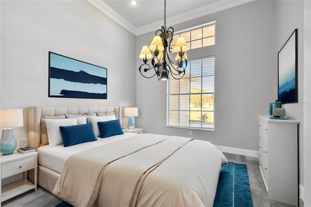 Bedroom, Chandelier, Interior, Recessed Lighting, Wood Texture Flooring