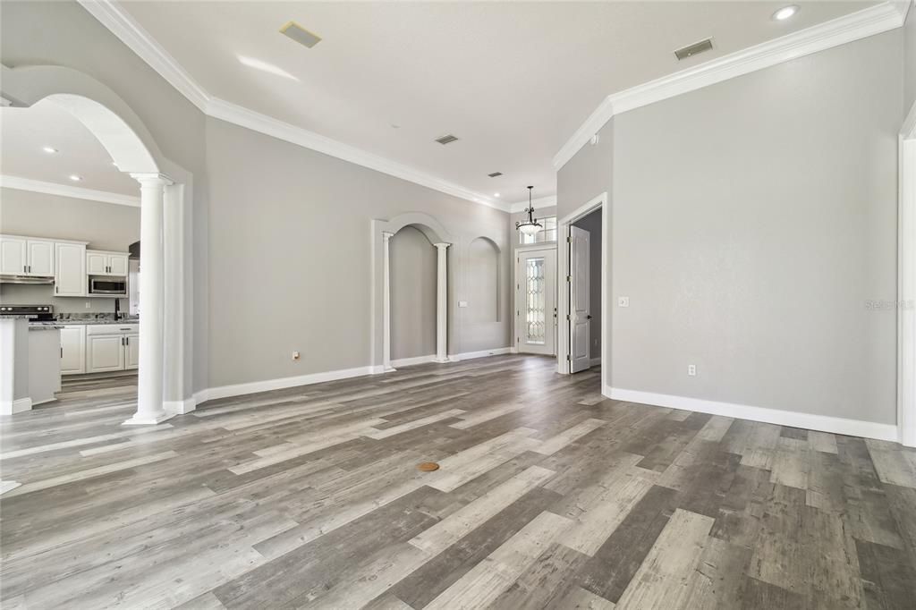 Empty room, Interior, Kitchen, Pendant Lights, Recessed Lighting, Wood Texture Flooring