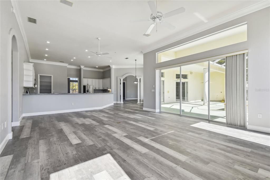 Empty room, Interior, Kitchen, Recessed Lighting, Wood Texture Flooring