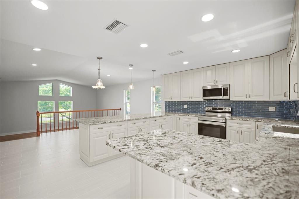 Chandelier, Interior, Kitchen, Pendant Lights, Recessed Lighting, Stainless Steel Appliances