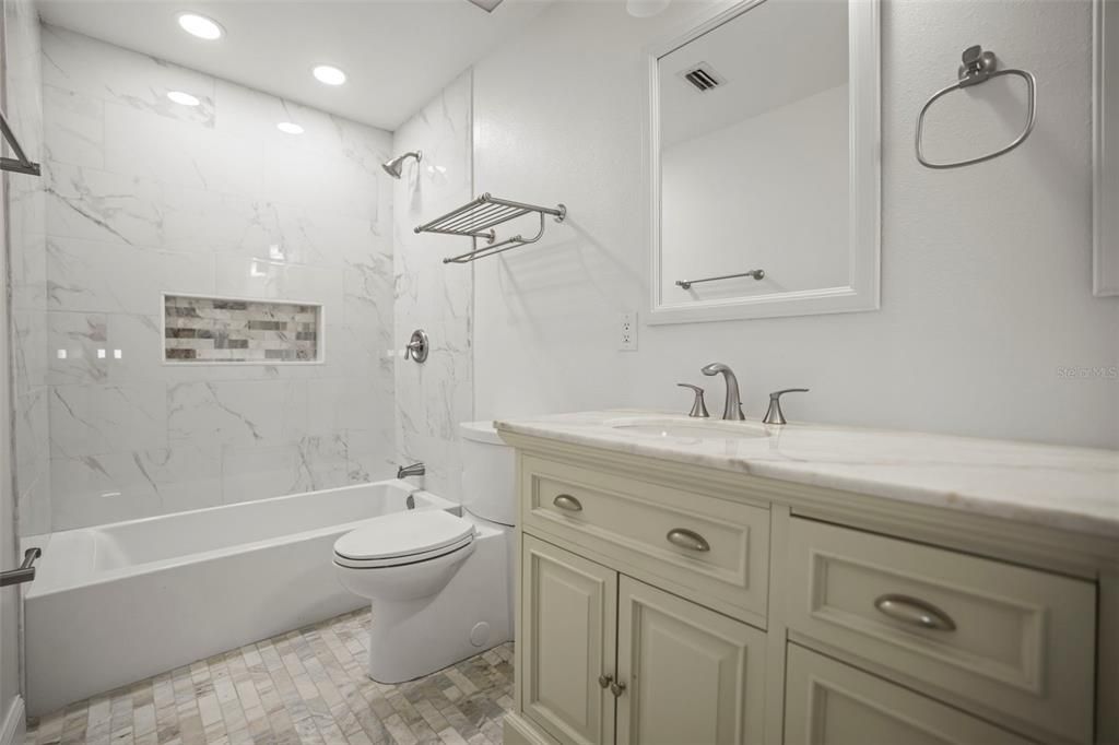 Bathroom, Interior, Marble Walls, Recessed Lighting
