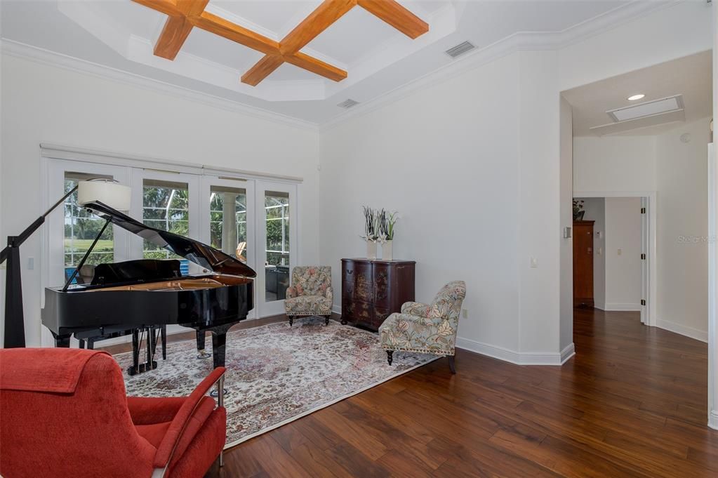 Interior, Piano, Recessed Lighting, Wooden Beams, Wood Texture Flooring