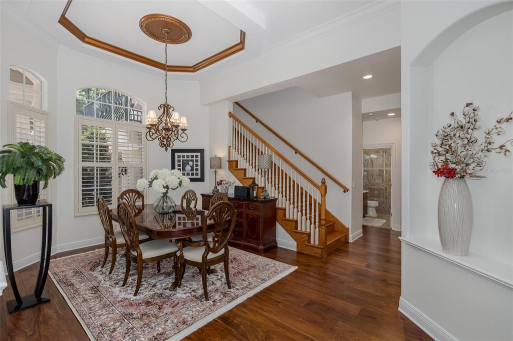 Chandelier, Dining room, Interior, Recessed Lighting, Wood Texture Flooring