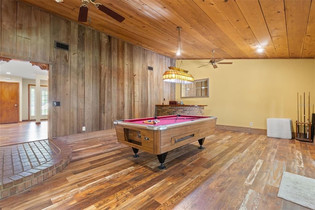 Billiard Table, Game Room, Interior, Pendant Lights, Recessed Lighting, Wooden Ceilings, Wood Texture Flooring, Wooden Walls